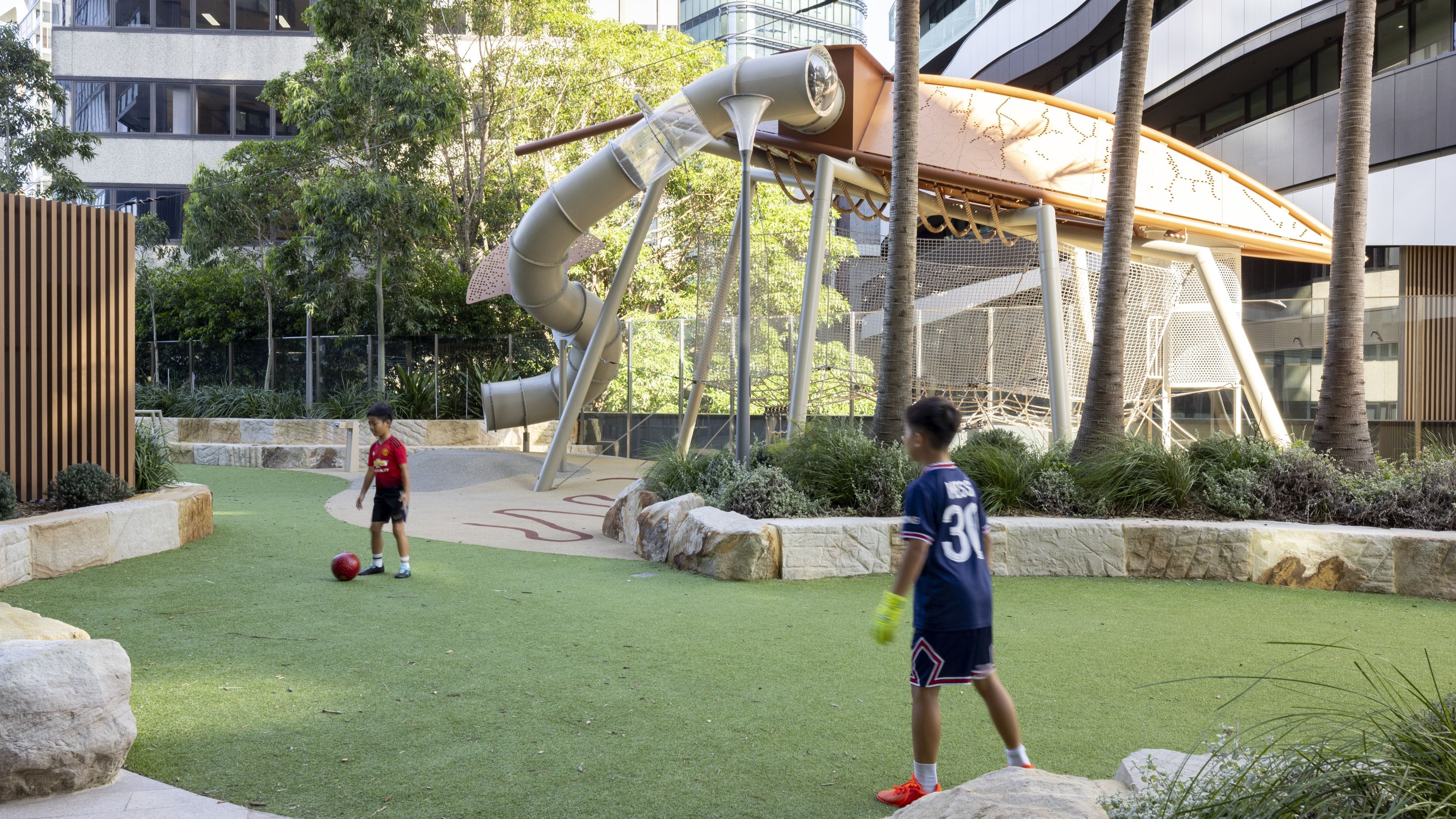 Custom landscape. Custom playground. Nature based play. Placemaking. Tilt Industrial Design. St Leonards. Friedlander Place.