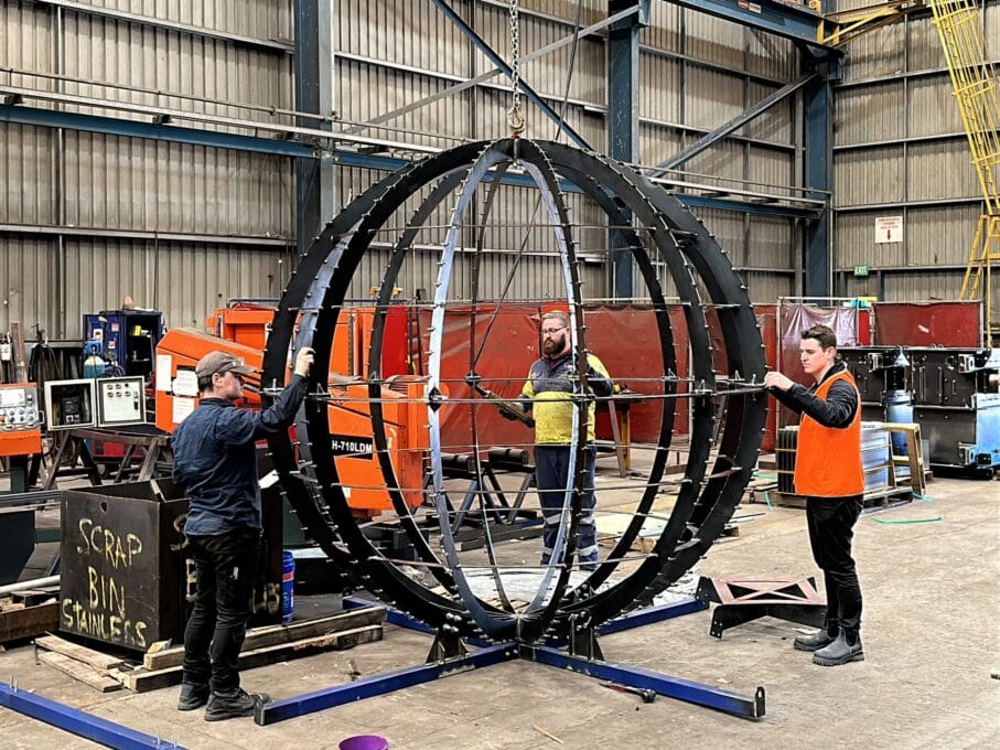 Fabrication of the Sphere for Everchange by Benjamin Shine at Denman Prospect in Canberra, supported by Tilt Industrial Design, Public Art Specialists.