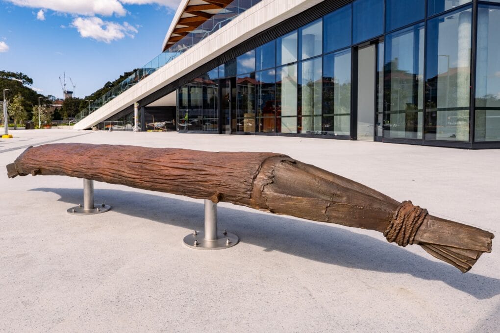 Uncle Steven Russell's bronze artwork 'The Nawi' at the Sydney Fish Market.