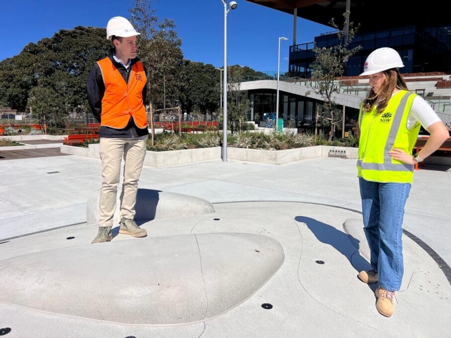 Alison Page's 'Land of the Giant Pippies' artwork and waterplay at the Sydney Fish Market