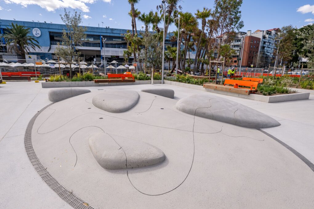 Alison Page's 'Land of the Giant Pippies' artwork and waterplay at the Sydney Fish Market